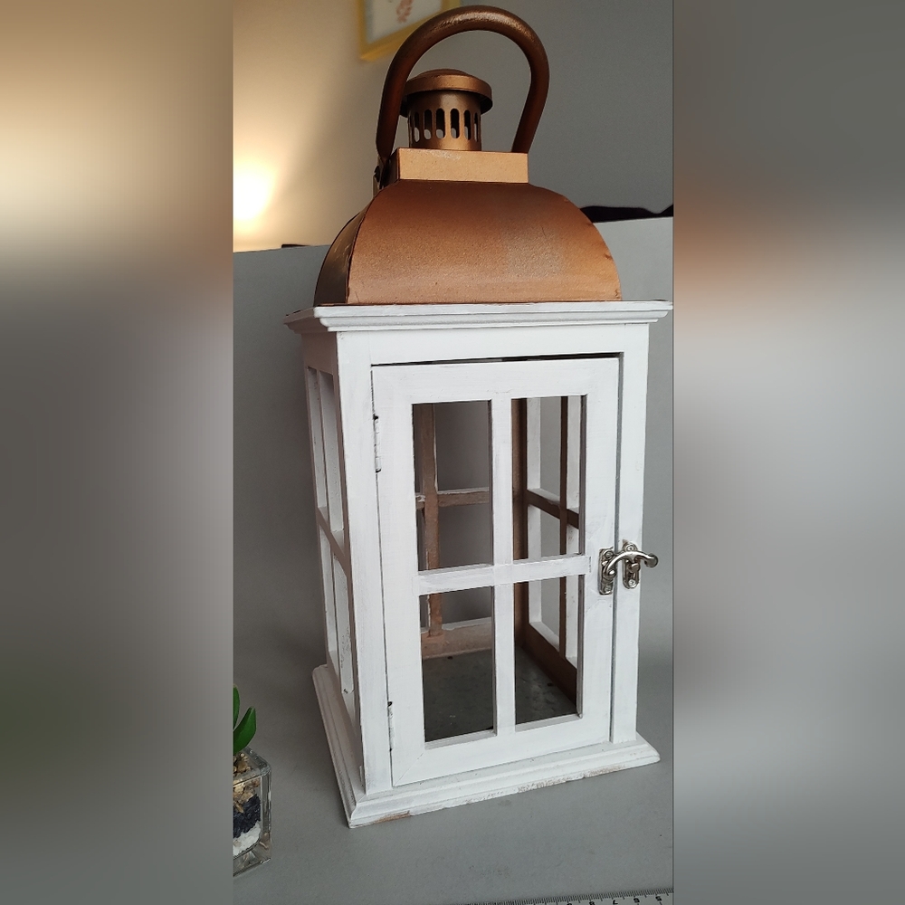 Elements Lantern home decor white and galvanized metal wood good condition